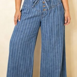 Sky Blue Stripe Plus Size Buttoned Loose Wide Leg Denim Pants
