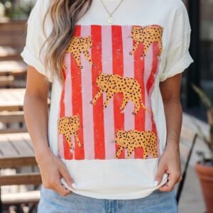 White Cheetah Striped Print Retro Fashion Graphic Tee