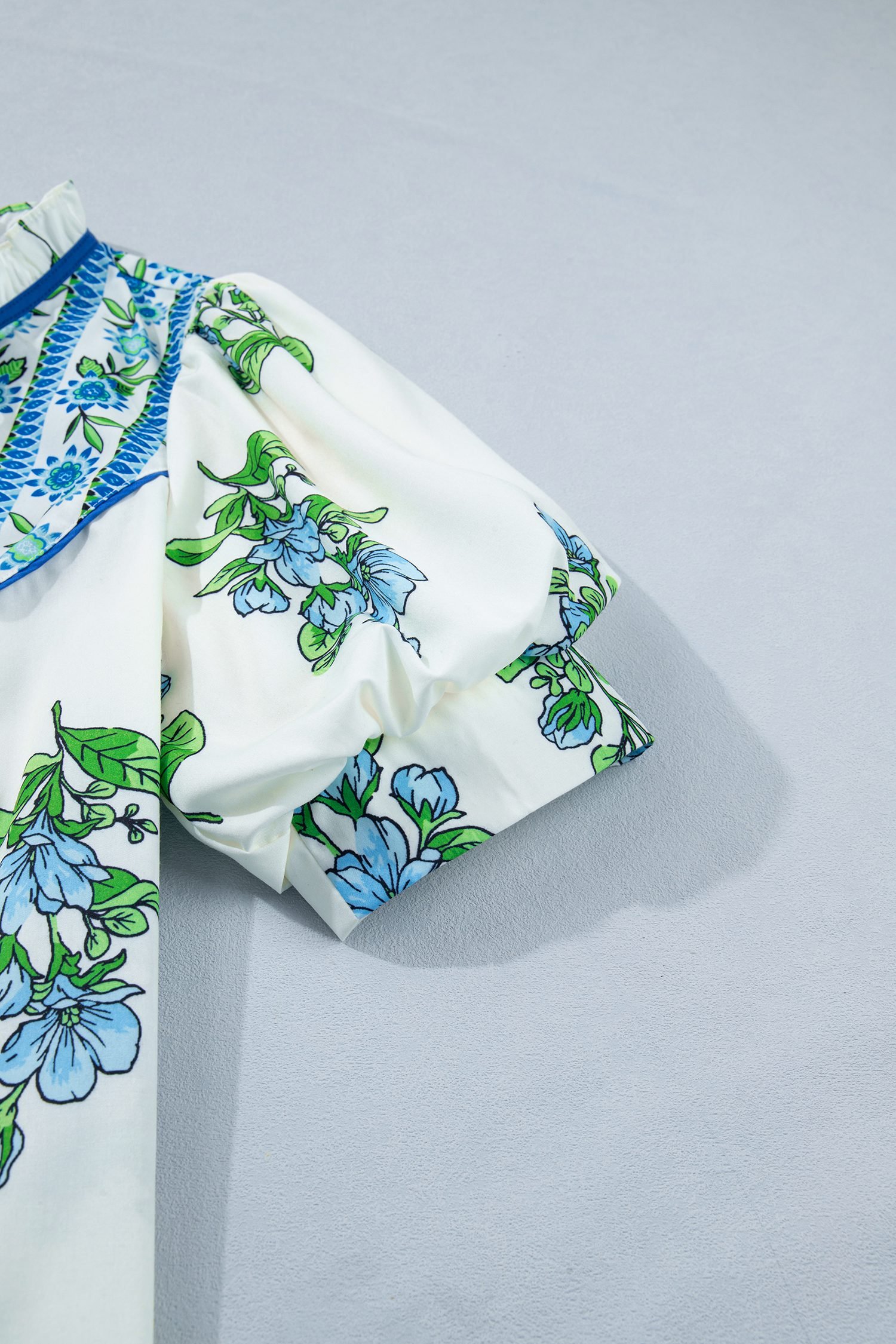 White Floral Print Contrast Trim Tie Neck Blouse