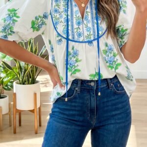 White Floral Print Contrast Trim Tie Neck Blouse
