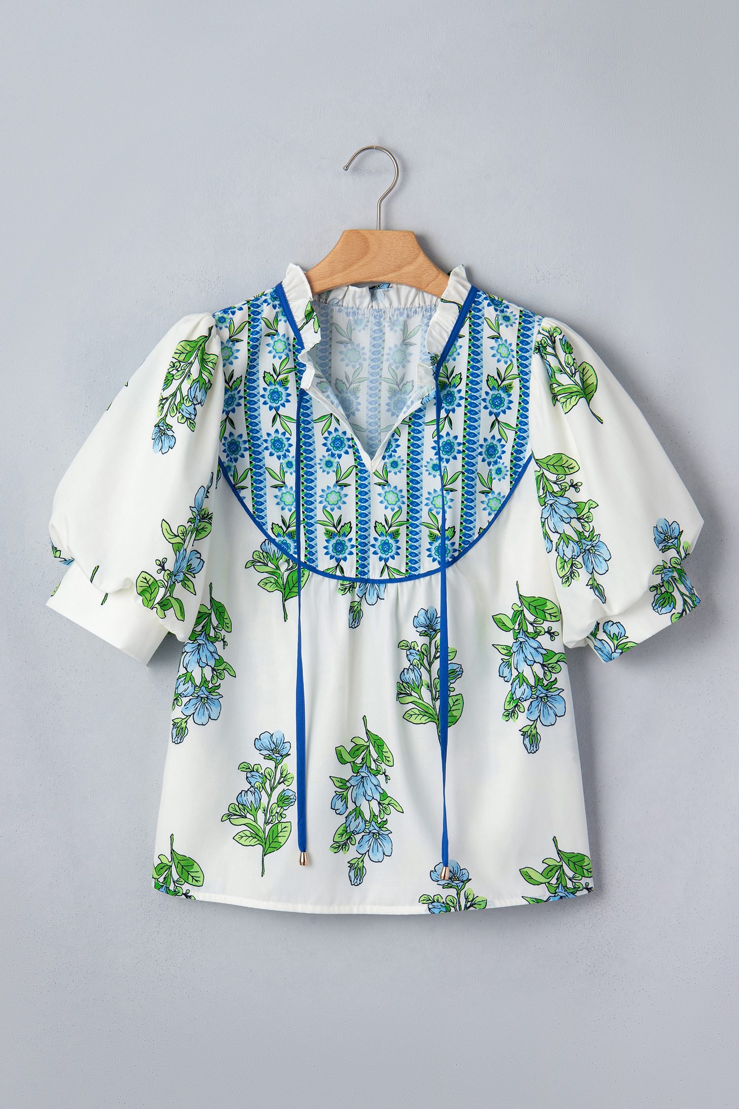 White Floral Print Contrast Trim Tie Neck Blouse