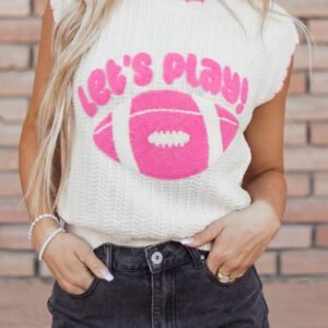 White Lets Play Rugby Pattern Textured Knit Casual Shift Sweater Vest