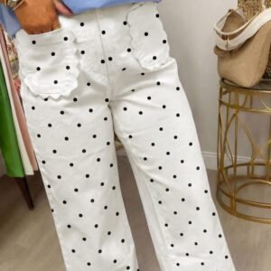 White Polka Dot Print Scalloped Patch Pocket Cotton Shift Pants