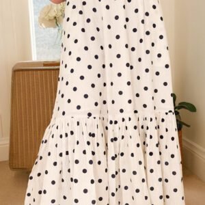 White Polka Dot Ruffled Slit Maxi Skirt