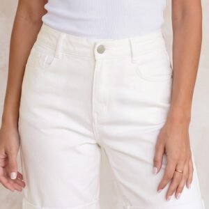 White Solid Color Rolled Cuffs Denim Bermuda Shorts