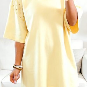 Yellow Cream Eyelet Embroidered Lace Splicing Sleeve Loose T Shirt Dress