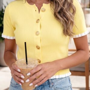 Yellow Cream Ribbed Knit Contrast Frilled Short Sleeve Sweater Cardigan