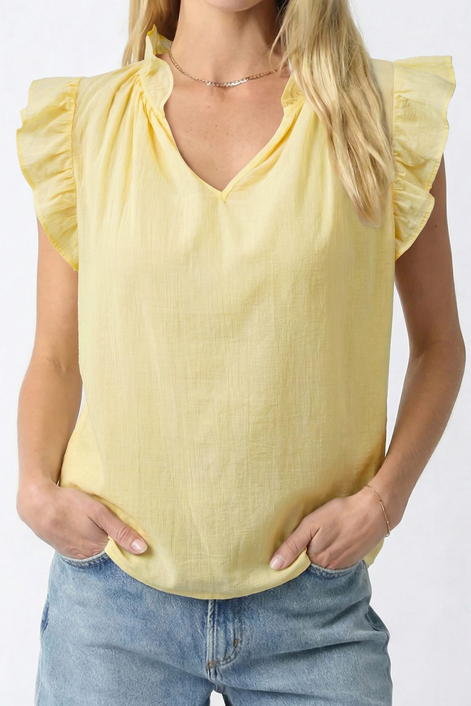 Yellow Cream V Neck Ruffle Trim Sleeveless Shift Top