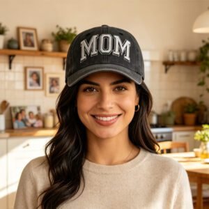 Vintage Washed Black MOM Embroidery Baseball Cap, Women Casual Hat