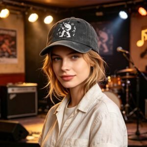 2pcs Guitar Black Baseball Cap For Women Bigfoot Playing Guitar Musical Note Embroidery Hat, Vintage Distressed Cotton