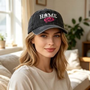 Vintage Washed Black Baseball Cap For Women, HOME Girl Embroidered Distressed Hat, Adjustable