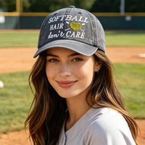 Softball Hair Don't Care Embroidered Washed Baseball Cap Vintage Distressed Hat For Women Softball Lover