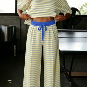 Yellow Stripe Colorblock Trim Crew Neck Loose Tee Drawstring Elastic Waist 2pcs Pant Set