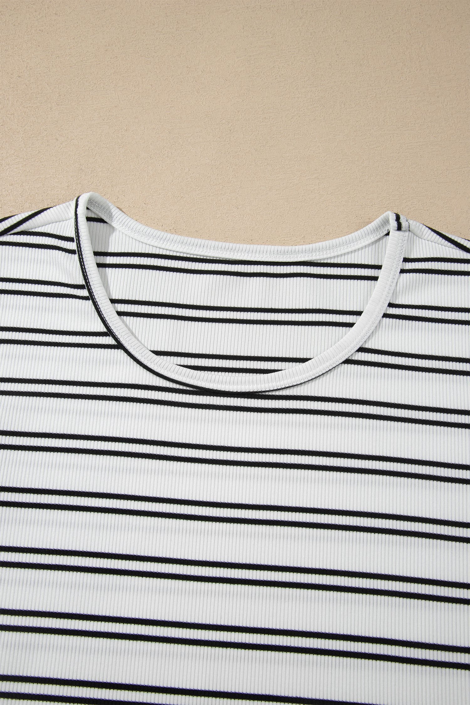 Beige Stripe Ribbed Knit Round Neck Long Sleeve Top - Image 8
