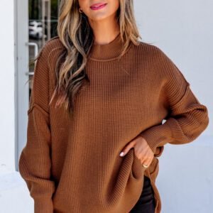 Chestnut Long Sleeve Ribbed Knit Stand Neck Regular Fit Sweater