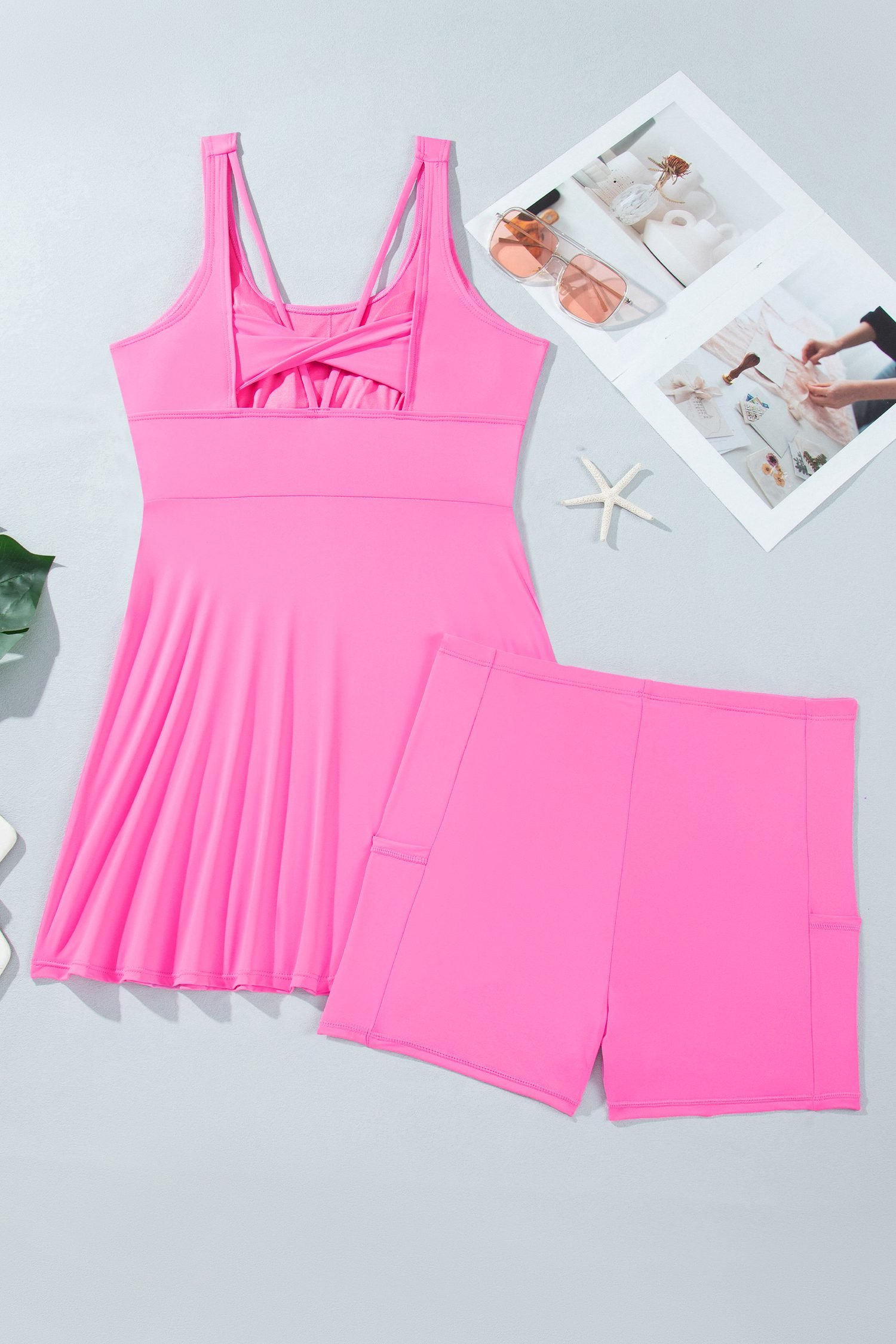 Bright Pink Twisted Strappy Back Active Mini Dress with Shorts - Image 10