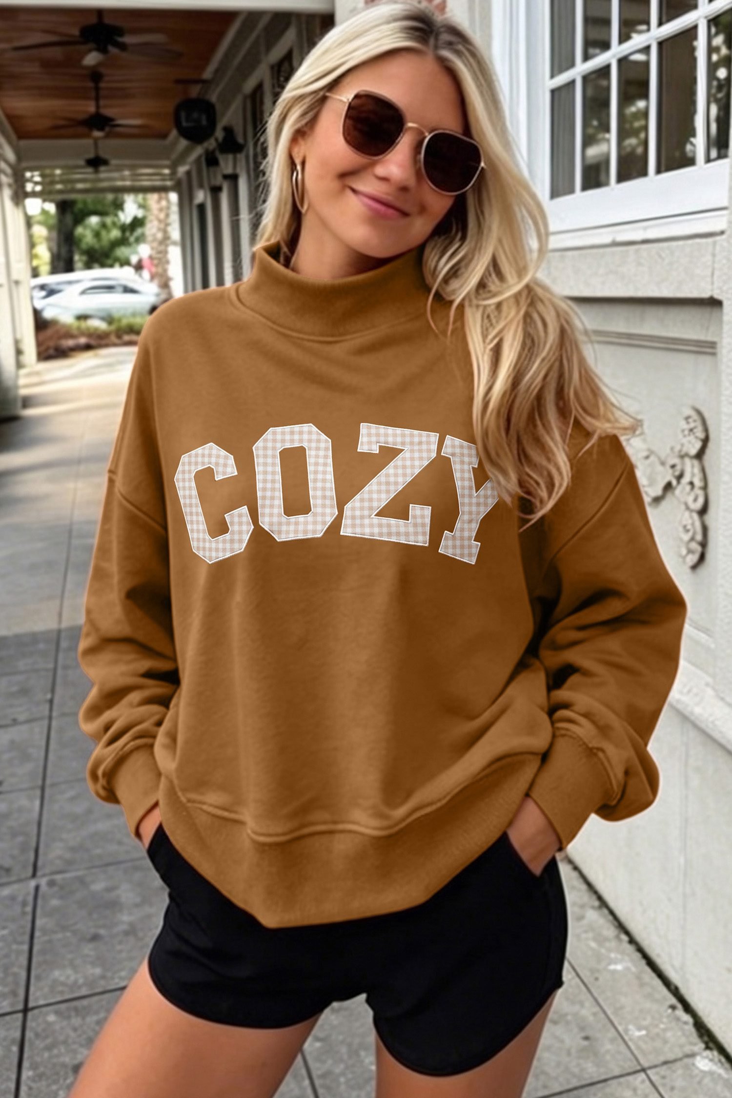 Chestnu COZY Embroidered Long Sleeve Stand Neck Shift Pullover Sweatshirt - Image 4