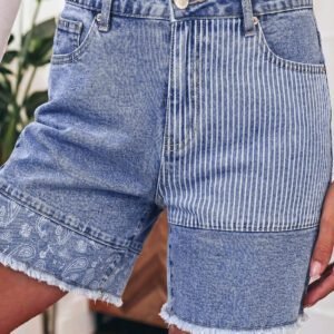 Sky Blue Striped Paisley Mixed Patchwork Raw Hem Denim Shorts