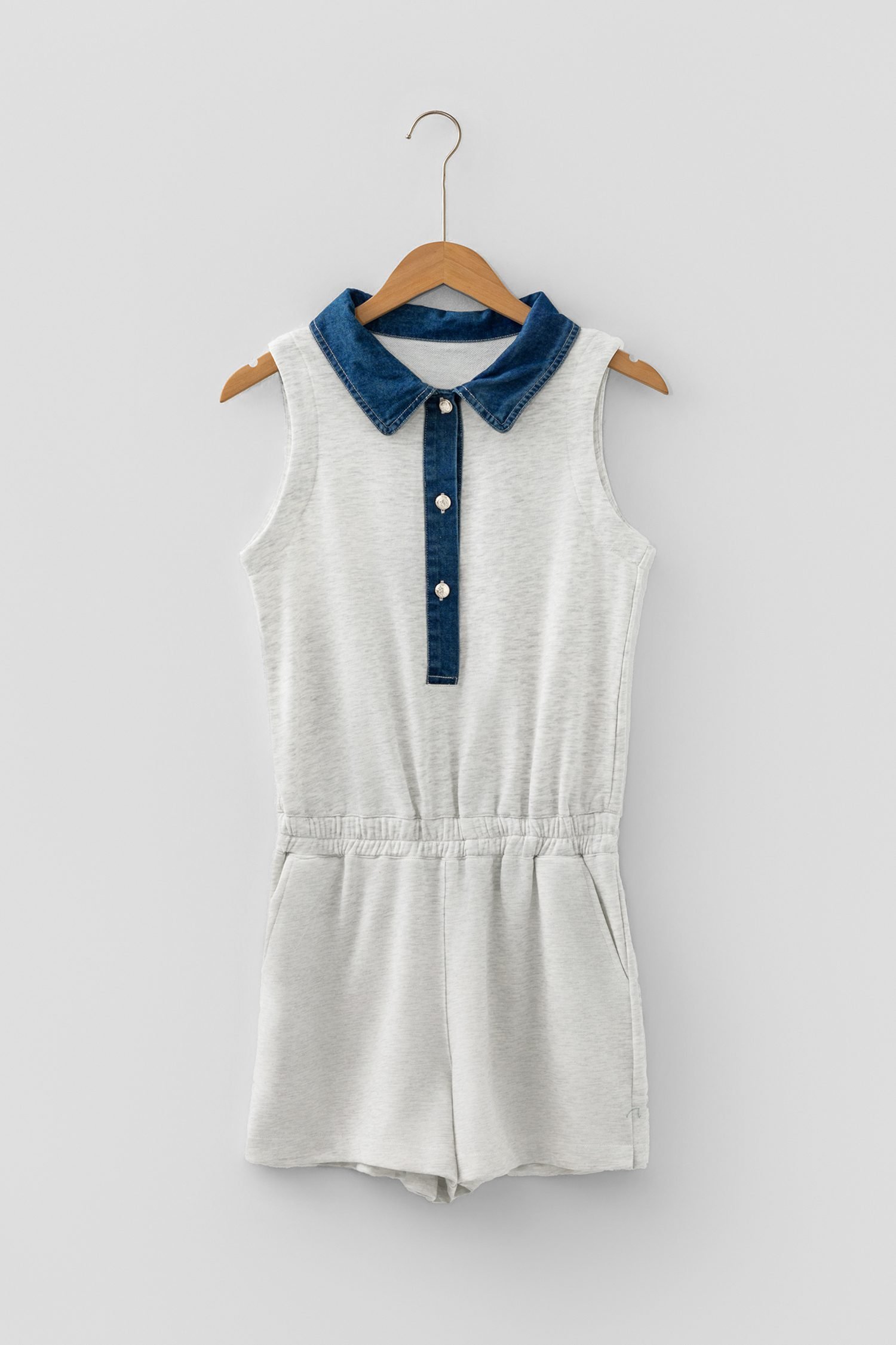Light Grey Denim Patchwork Polo Collar Elastic Waist Sleeveless Romper - Image 4