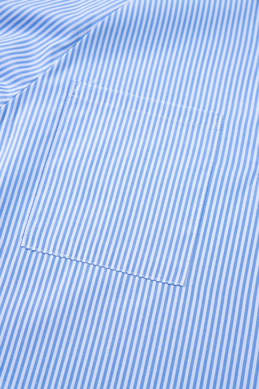 Sky Blue Stripe Pinstripe Long Sleeve Smocked Cuffs Button Shirt Collar Blouse - Image 14