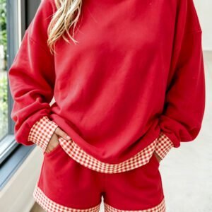 Fiery Red Gingham Trim Baggy Pullover 2pcs Short Set