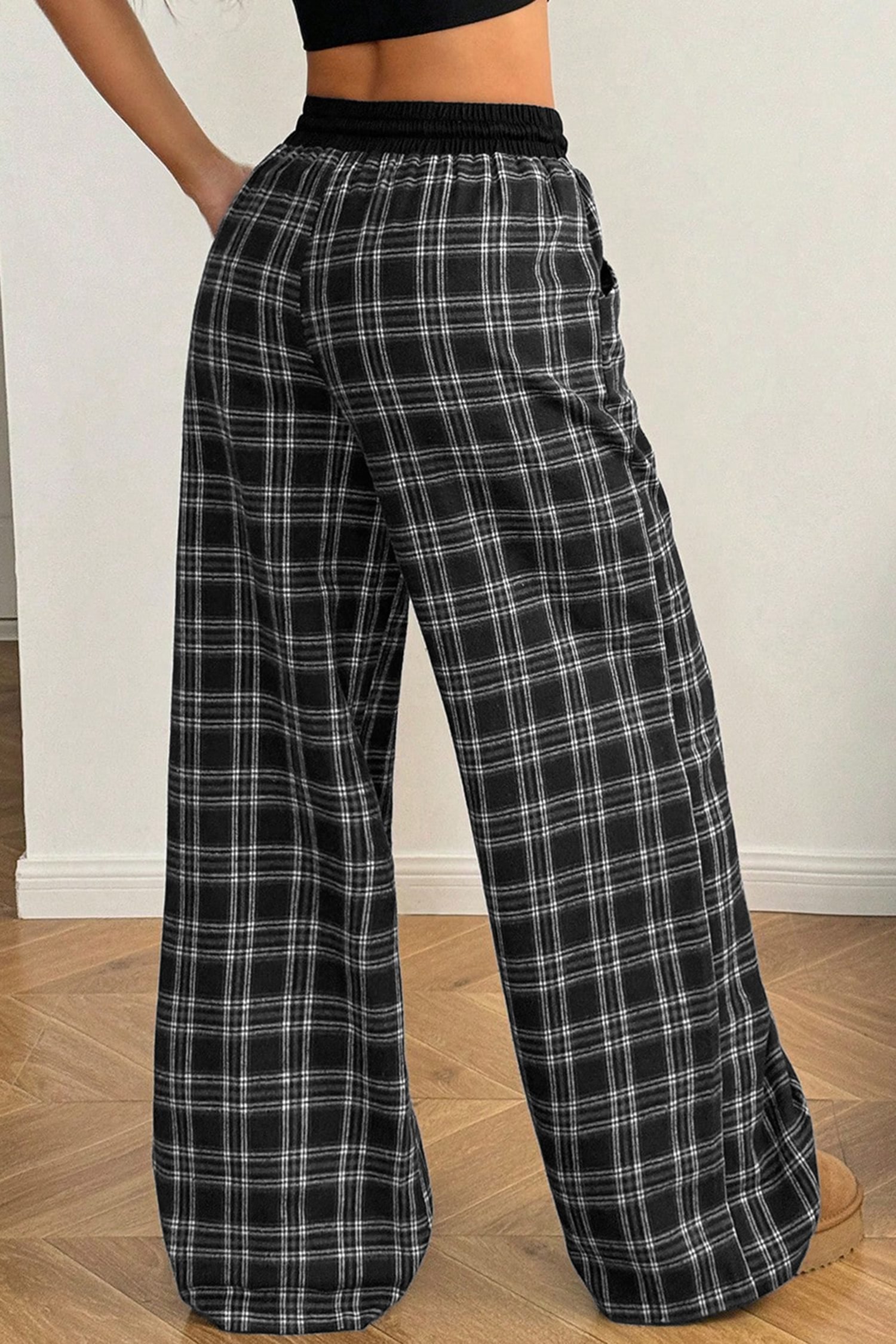 Black Frenchy Plaid Pattern Contrast Drawstring Waist Wide Leg Pants - Image 4