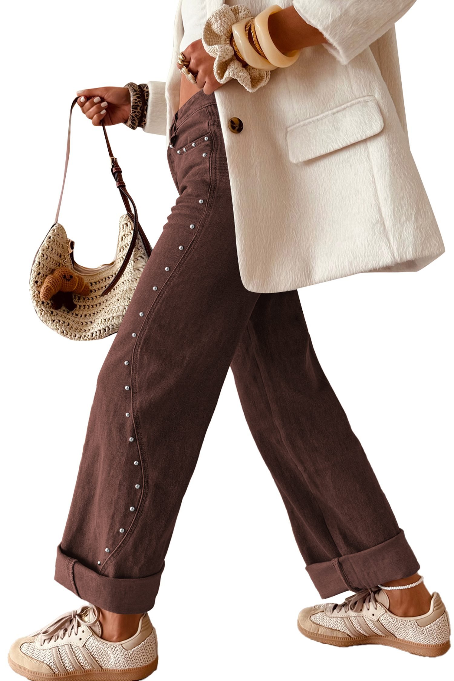 Coffee Side Seam Rivet Detail Ankle Length Casual Jeans - Image 6