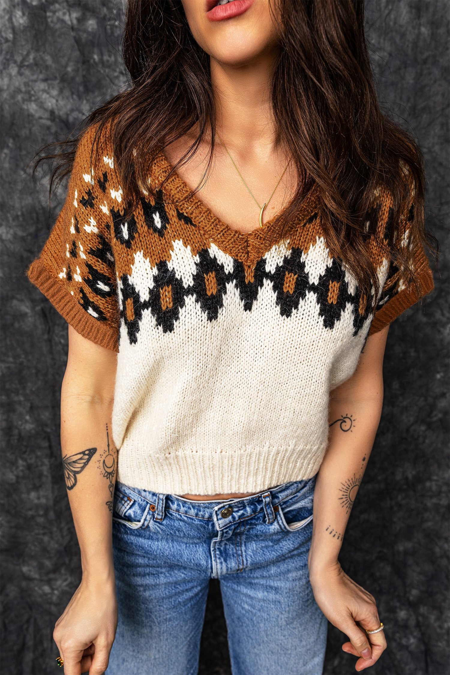 Brown V Neck Short Sleeve Geometric Print Western Style Knit Tee - Image 6