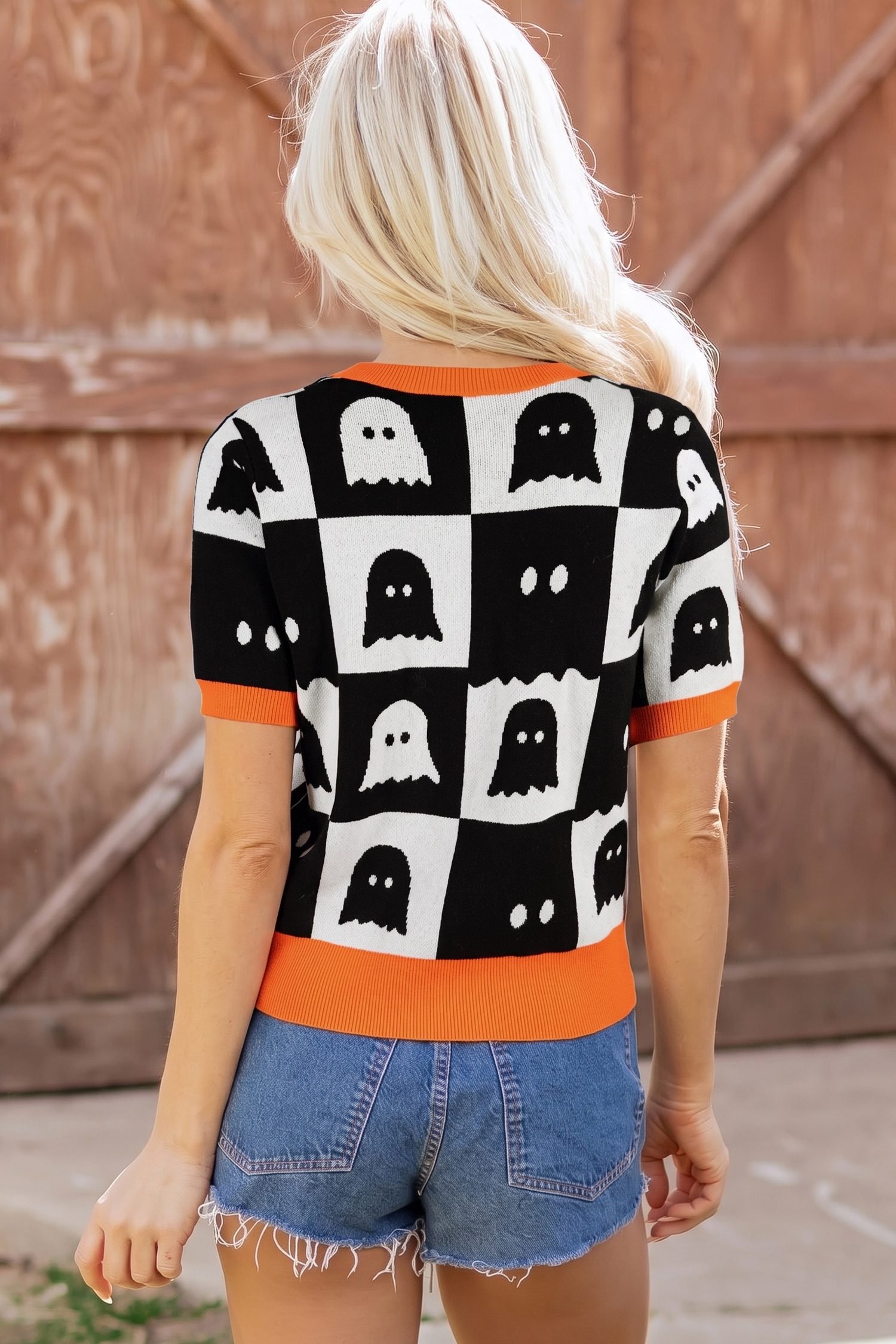 White Geometric Ghost Color Block Trim Short Sleeve Knit Sweater - Image 2