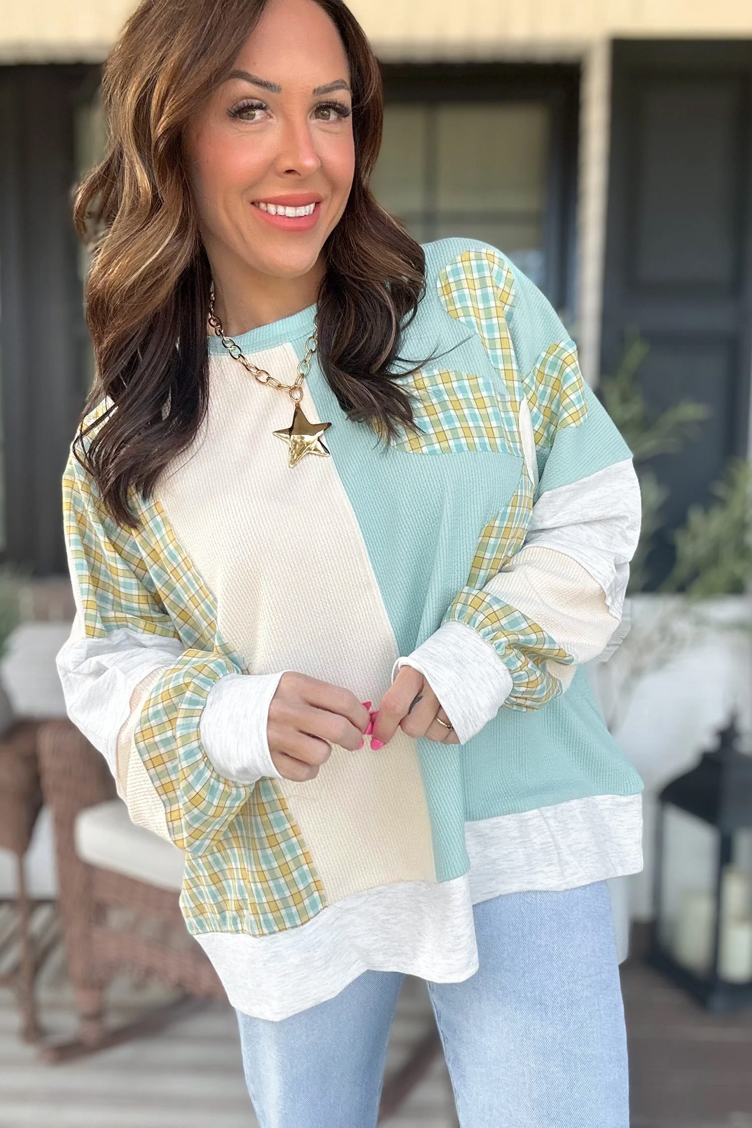Light Blue Plaid Patchwork Round Neck Long Sleeve Top - Image 3