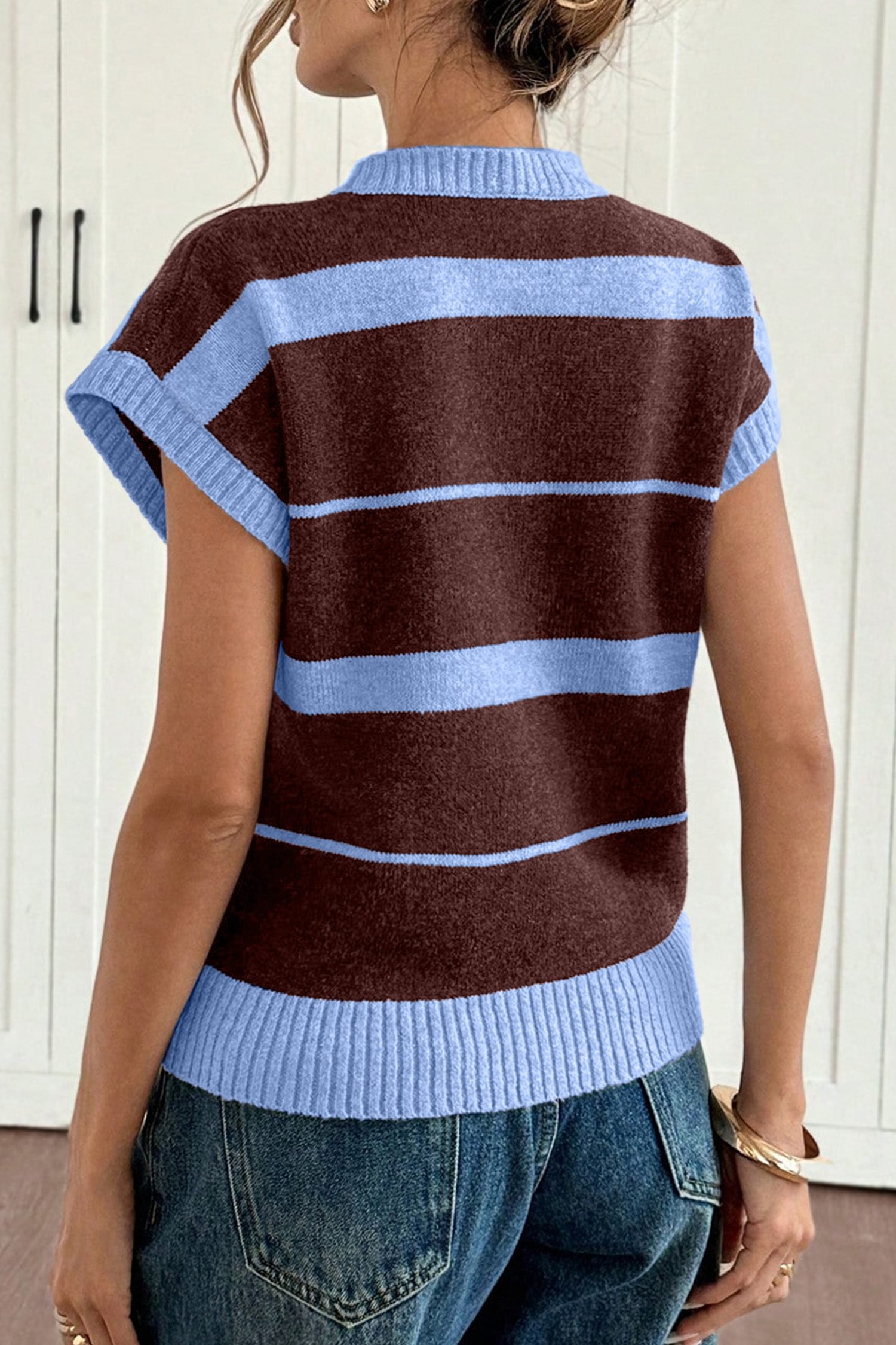 Sky Blue Stripe Striped Short Sleeve Round Neck Casual Knit Top - Image 4