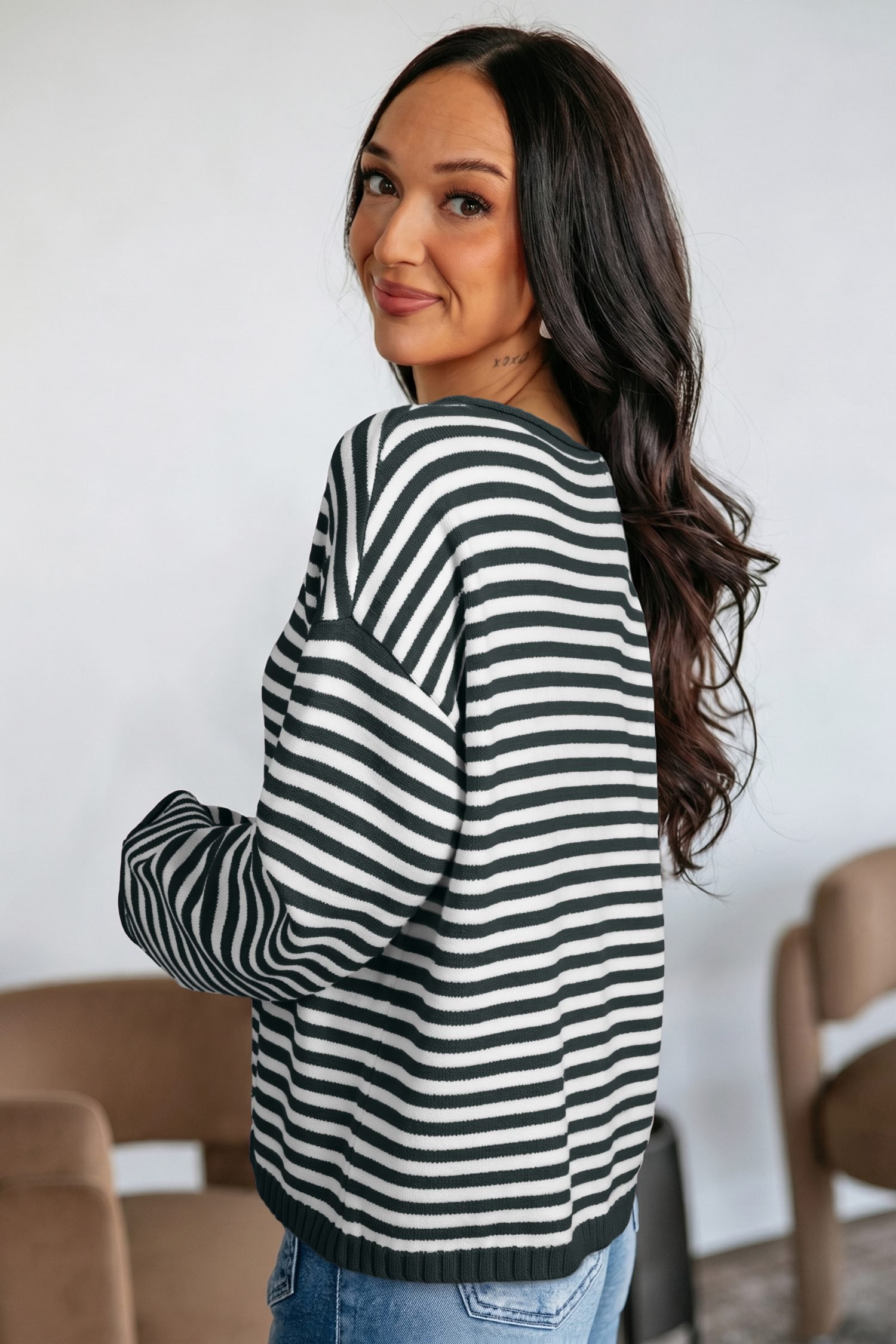 Green Stripe Striped Button Placket Drop Shoulder Long Sleeve Sweater - Image 11