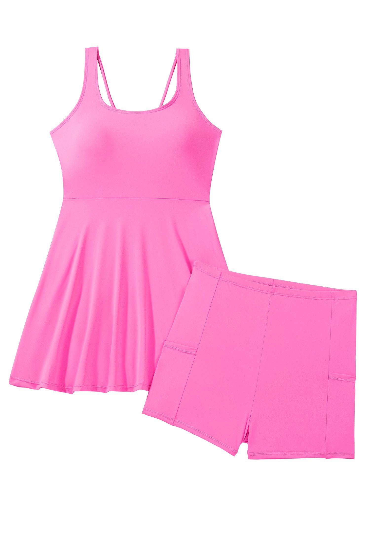 Bright Pink Twisted Strappy Back Active Mini Dress with Shorts - Image 22