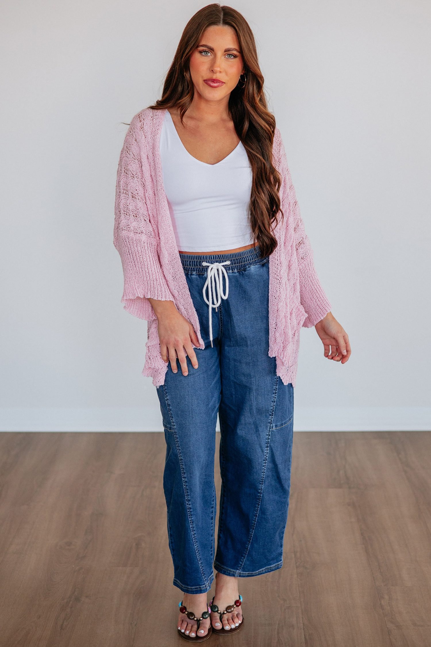 Pink Drop Shoulder Crochet Knit Open Front Cardigan - Image 7