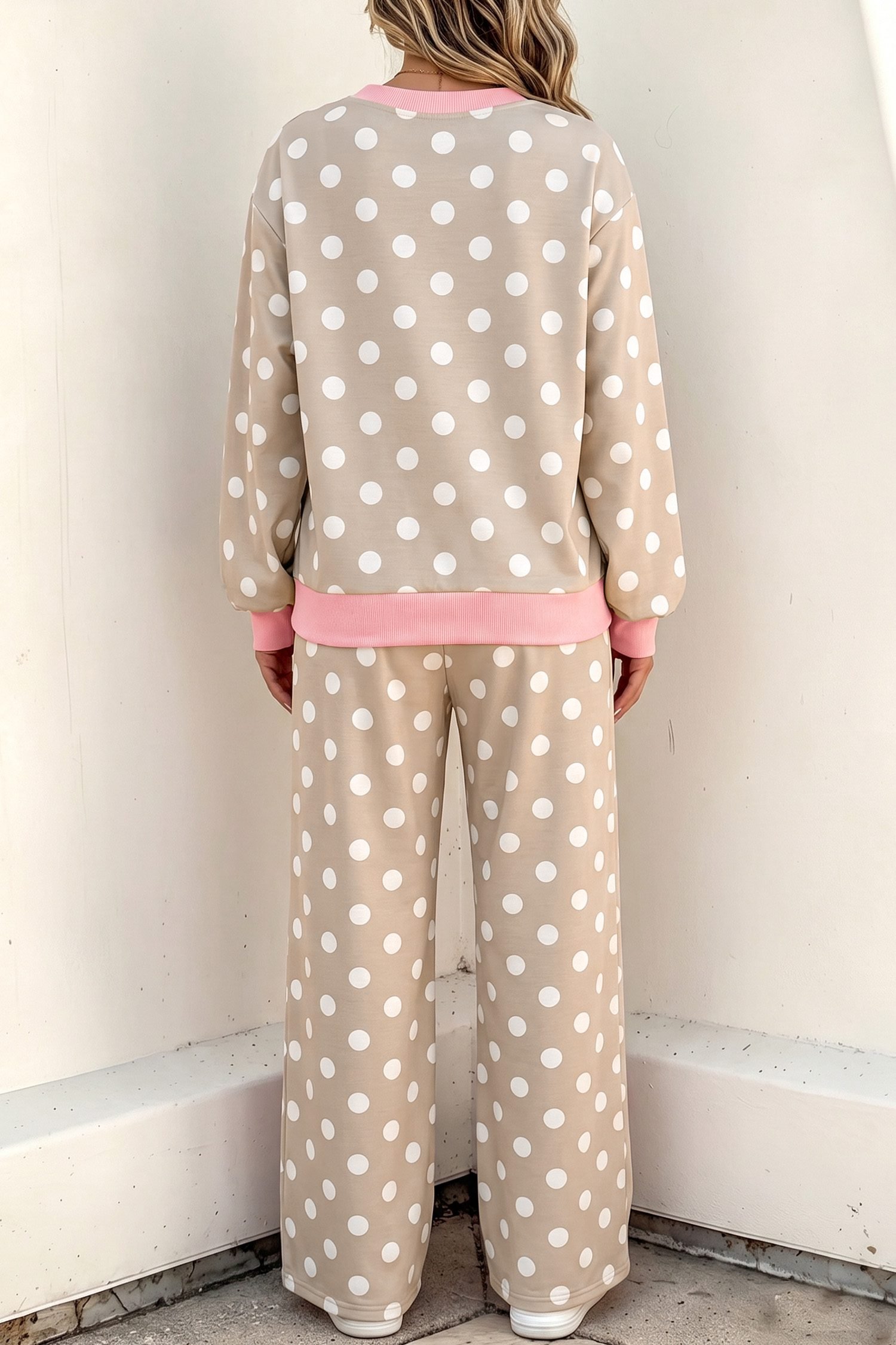 Khaki Polka Dot Contrast Trim Long Sleeve Top Drawstring Shift Pants Set - Image 2