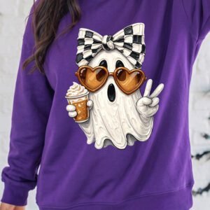 Tillandsia Purple Cute Ghost Print Pullover Mock Neck Sweatshirt