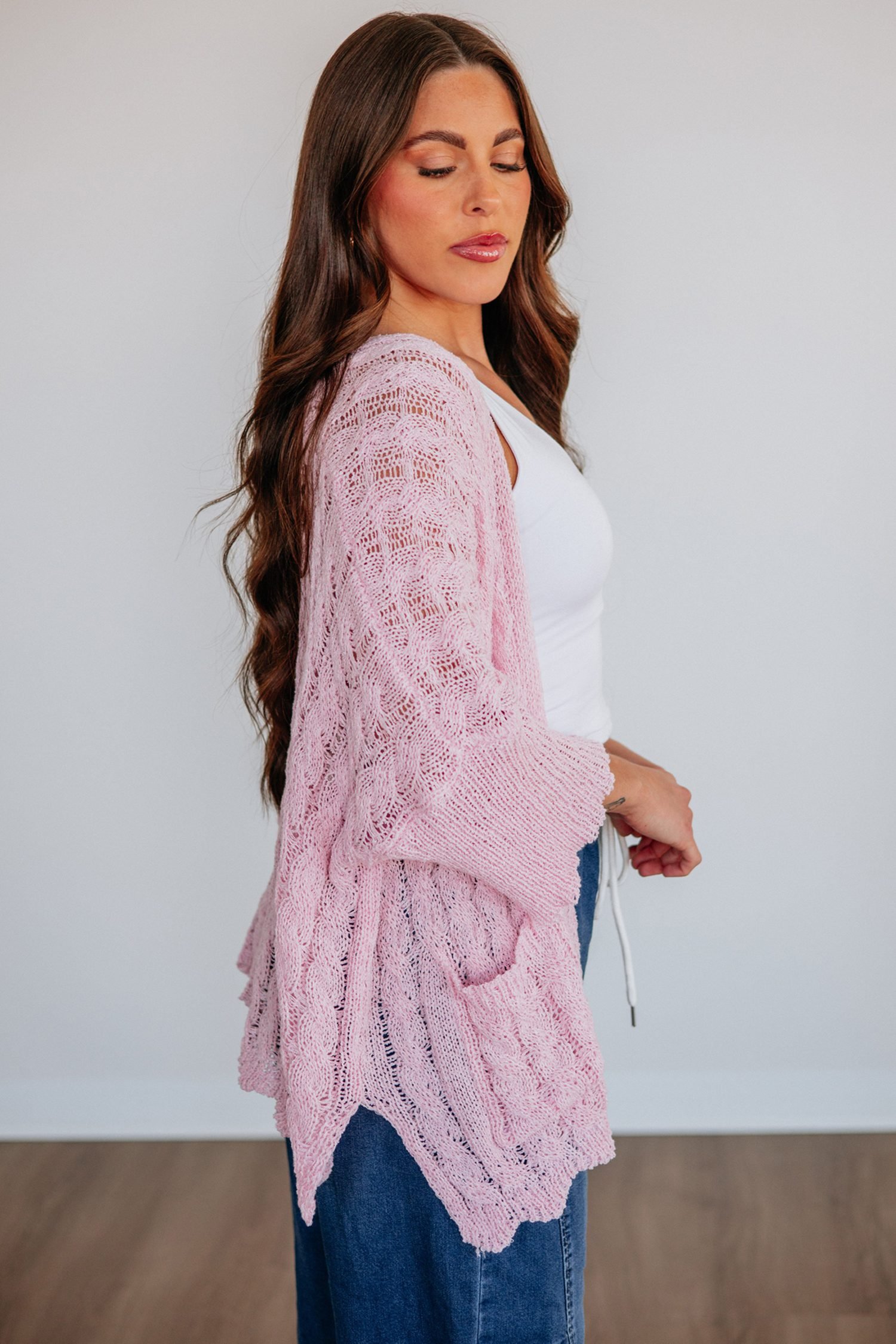 Pink Drop Shoulder Crochet Knit Open Front Cardigan - Image 8