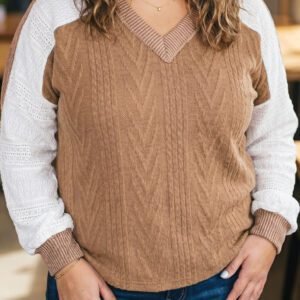 Coffee V Neck Lace Sleeve Patchwork Plus Size Blouse