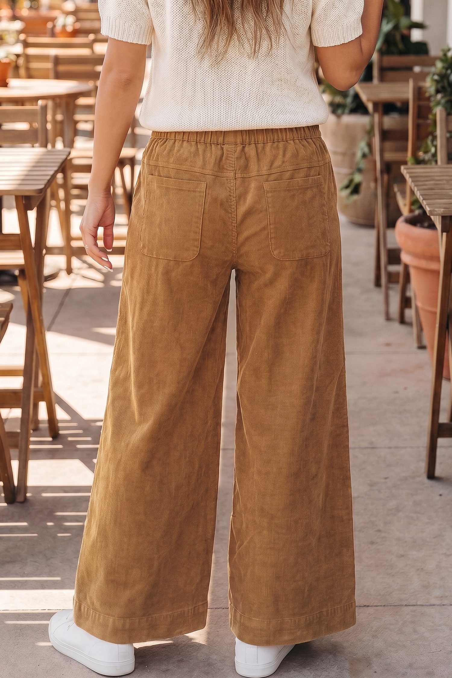 Thai Curry Elastic Waist Wooden Button Placket Ankle Length Wide Leg Pants - Image 2