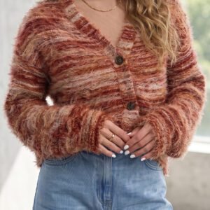 Tawny Fuzzy Striped Button Front Cardigan Sweater