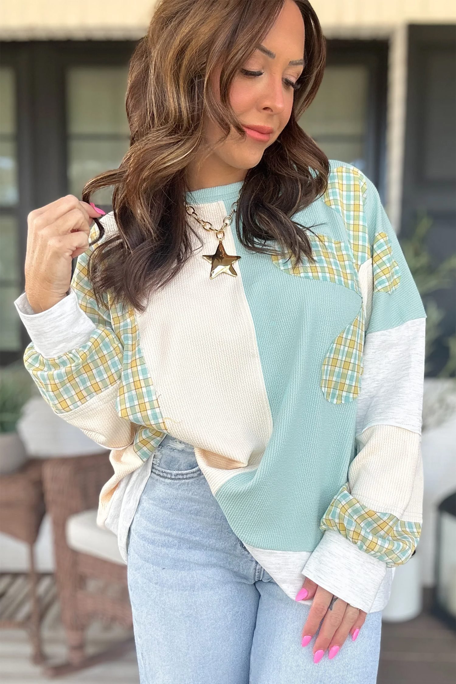 Light Blue Plaid Patchwork Round Neck Long Sleeve Top - Image 2