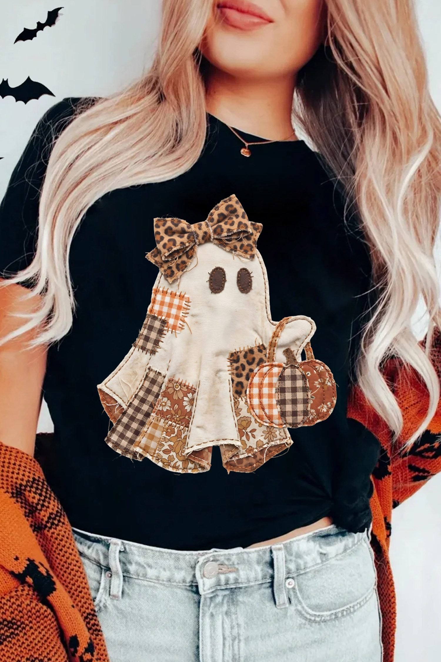 Black Halloween Ghost Appliqué Graphic T-Shirt