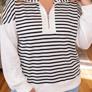 White Stripe Striped Colorblock V Neck Long Sleeve Shift Plus Size Blouse