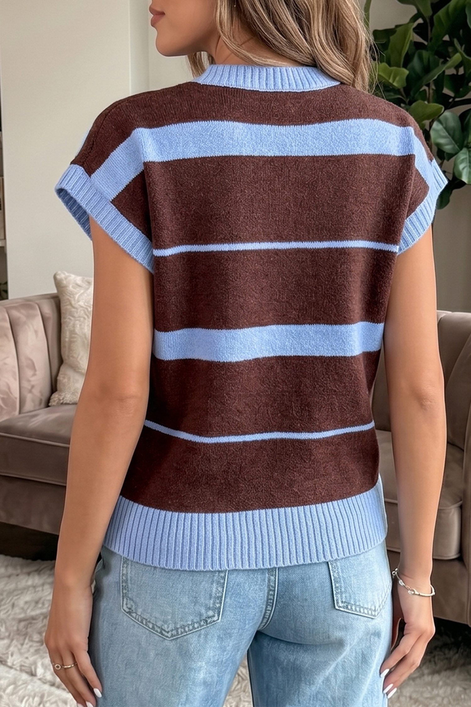 Sky Blue Stripe Striped Short Sleeve Round Neck Casual Knit Top - Image 2