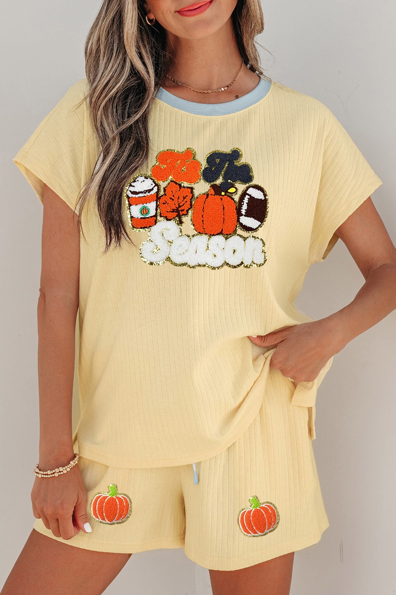 Yellow Cream Ribbed Color Block Trim Chenille Pumpkin Patchwork Graphic Short 3pcs Set - Image 3