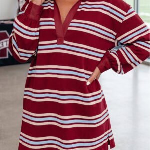 Red Stripe Retro Polo Collar Long Sleeve T Shirt Shift Mini Dress