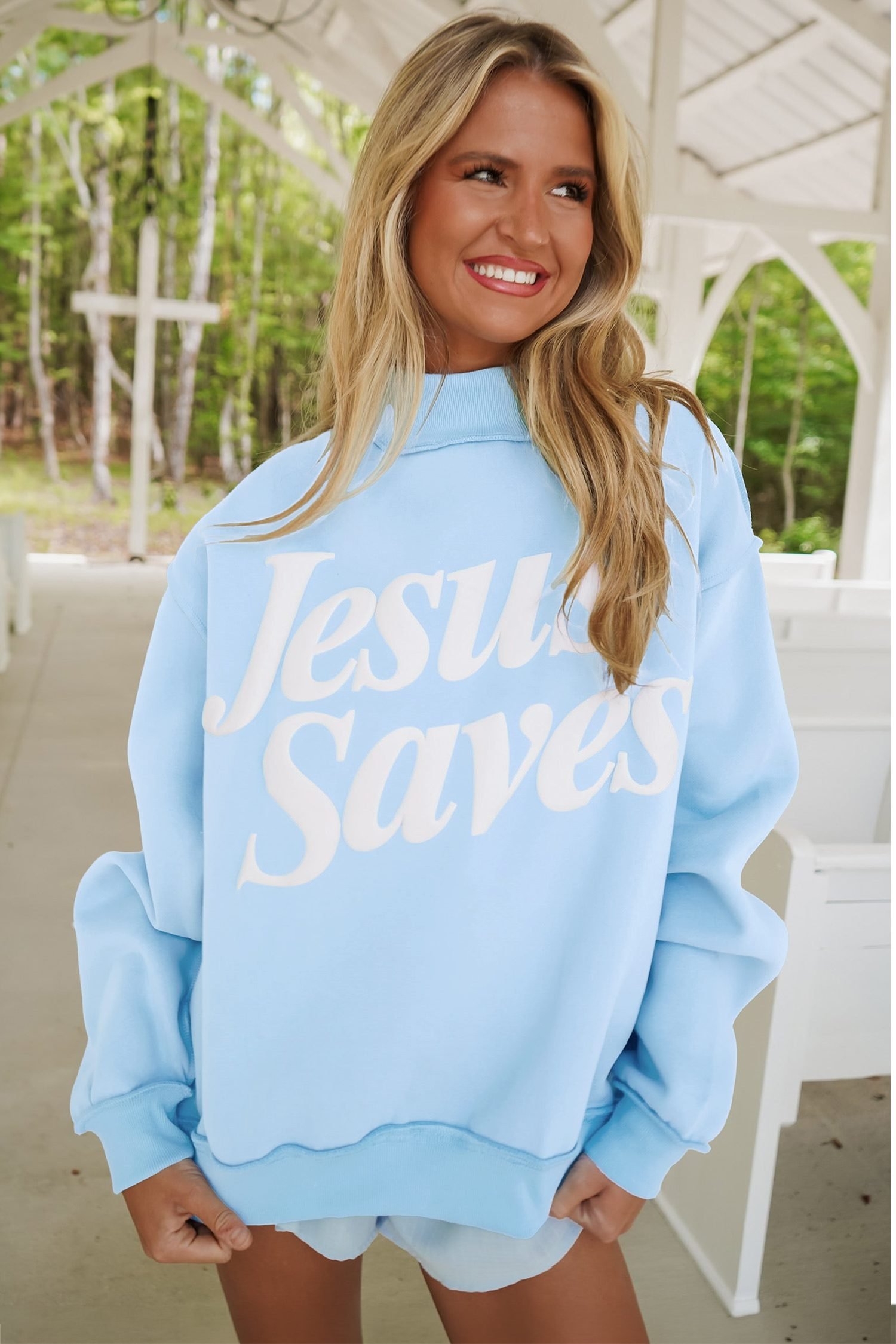 Mist Blue Jesus Saves Slogan Print Stand Neck Baggy Sweatshirt - Image 3