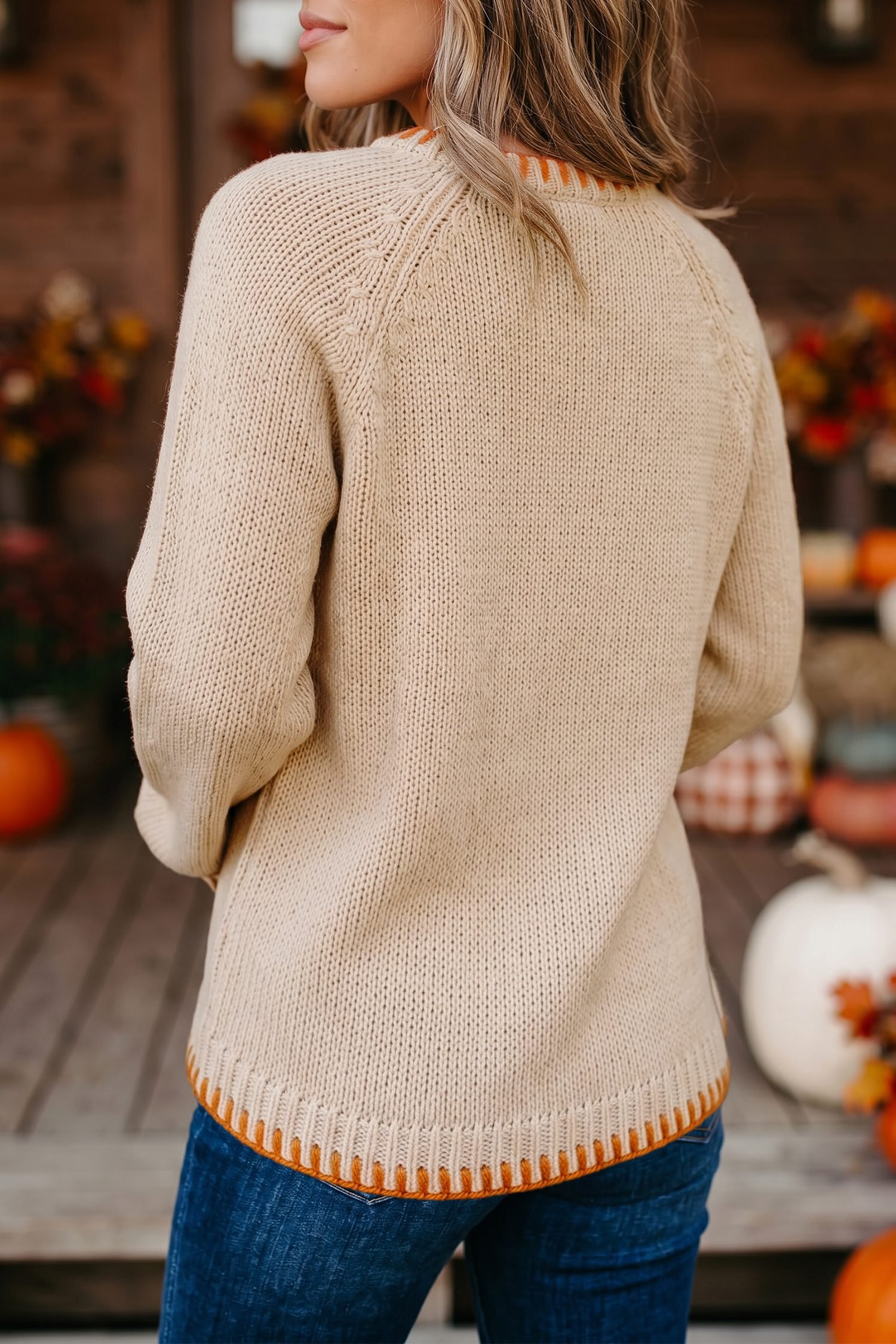 Parchment Floral Embroidery Pumpkin Long Sleeve Round Neck Sweater - Image 2