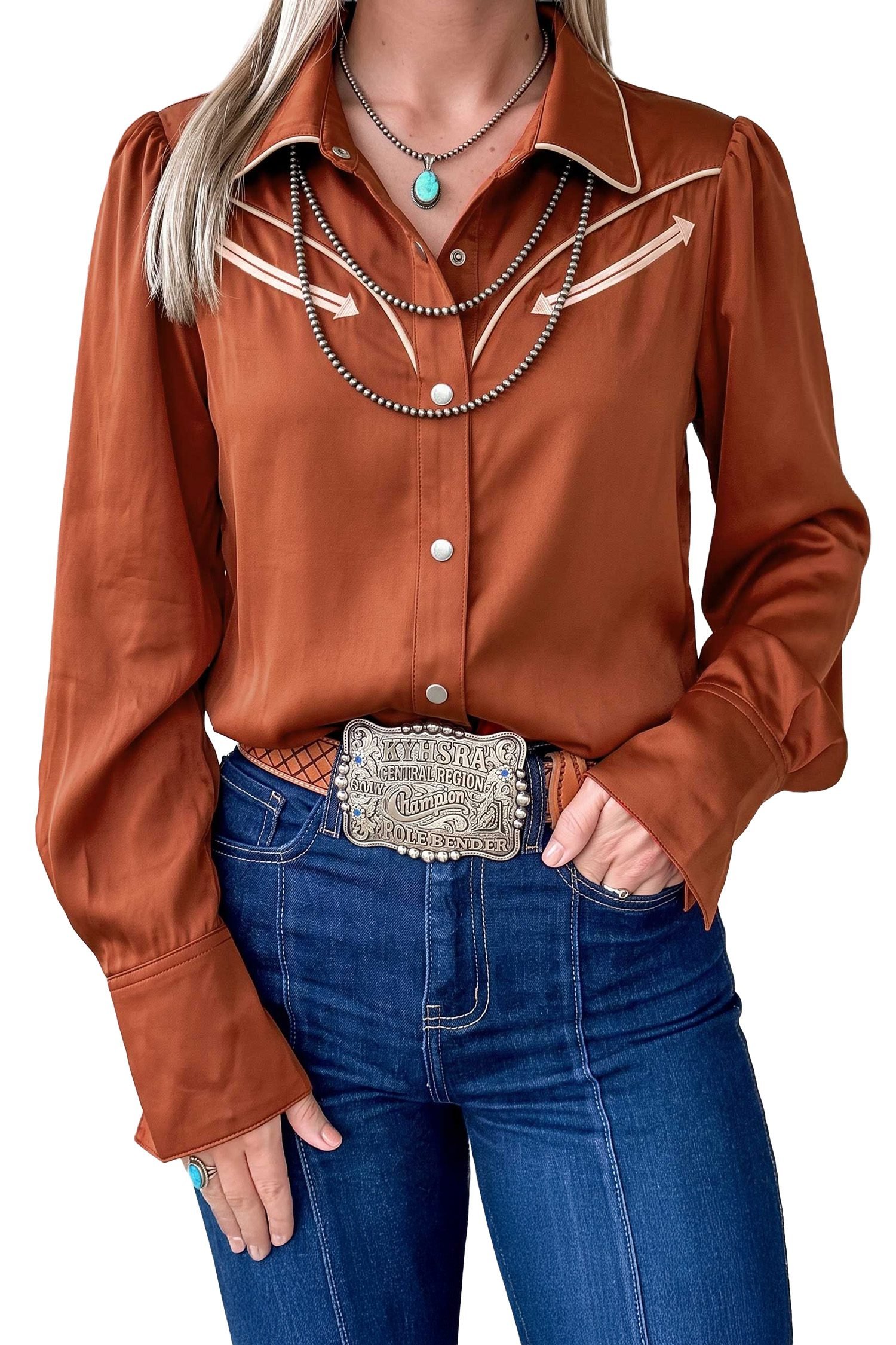 Cinnamon Silky Long Sleeve Button Front Western Fashion Shirt - Image 4