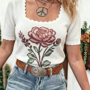 White Western Floral Print Short Sleeve Square Collar Knit Sweater